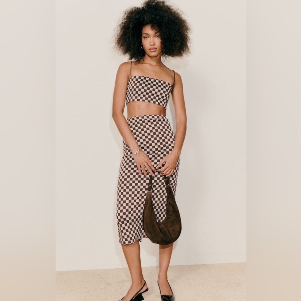 Reformation Brown and White Checkered Midi Dress